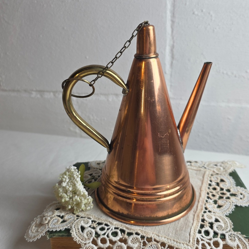Vintage Copper and Brass Conical Oil Can with Tethered Cap Industrial Decor
